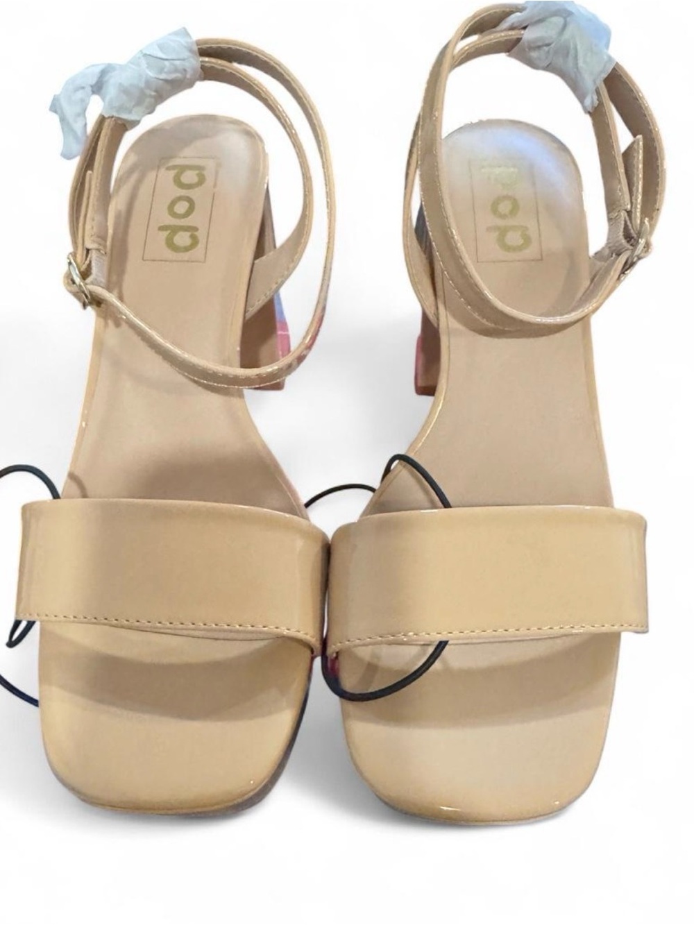 pop Nude Beige Square-Toe Ankle-Strap Block Heel Sandals
